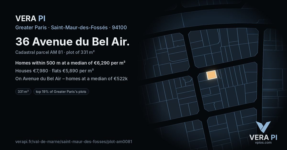 36 Avenue du Bel Air, Saint-Maur-des-Fossés at night – the plot lit, the parcels around coloured by the prices near them