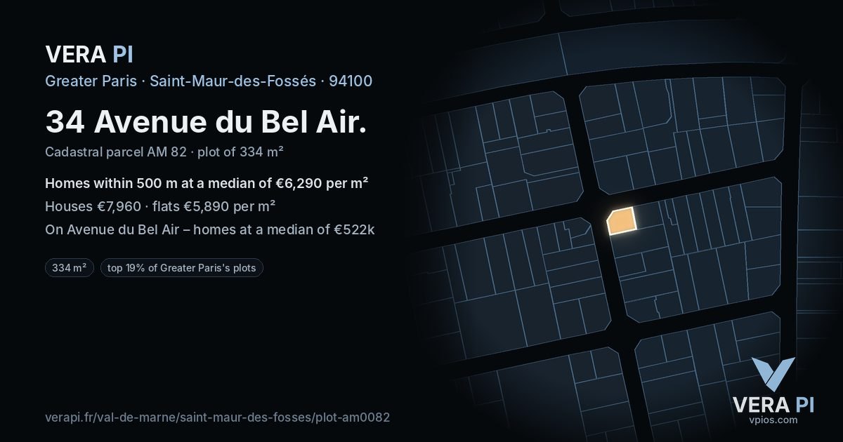 34 Avenue du Bel Air, Saint-Maur-des-Fossés at night – the plot lit, the parcels around coloured by the prices near them
