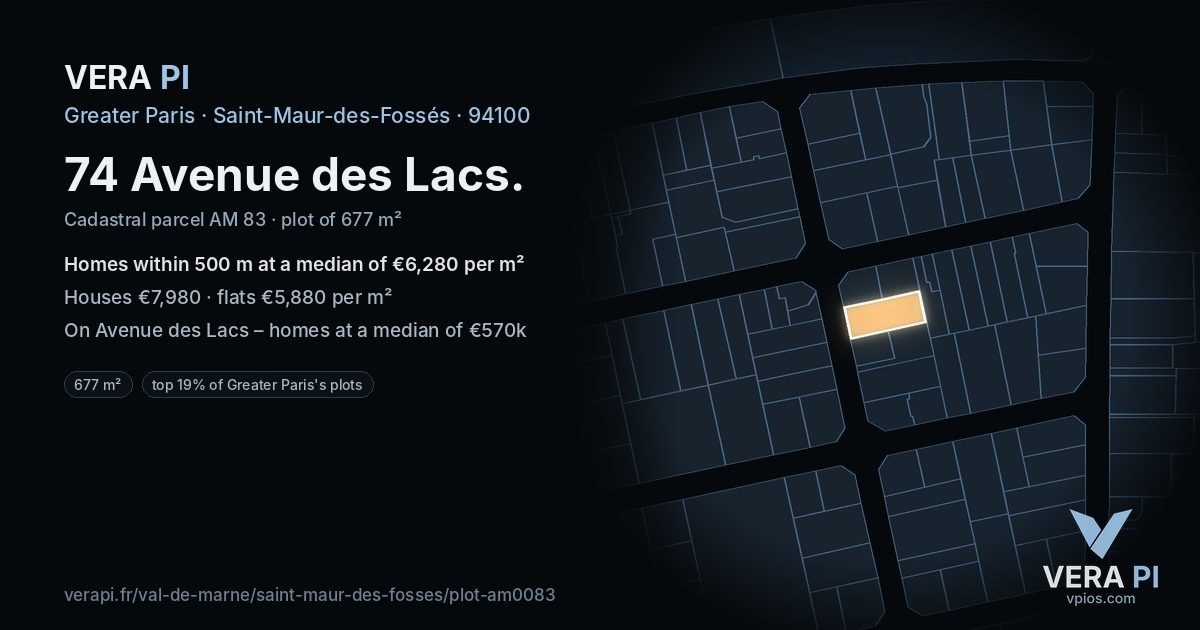 74 Avenue des Lacs, Saint-Maur-des-Fossés at night – the plot lit, the parcels around coloured by the prices near them