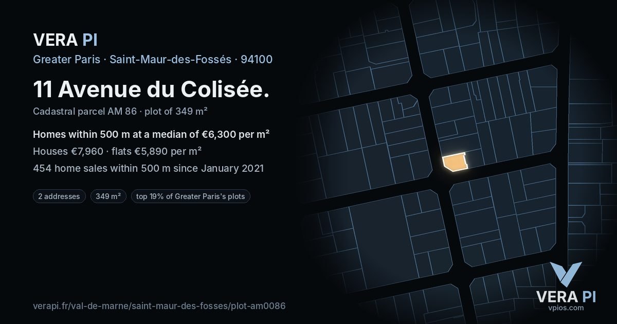 11 Avenue du Colisée, Saint-Maur-des-Fossés at night – the plot lit, the parcels around coloured by the prices near them