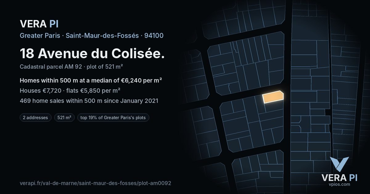 18 Avenue du Colisée, Saint-Maur-des-Fossés at night – the plot lit, the parcels around coloured by the prices near them