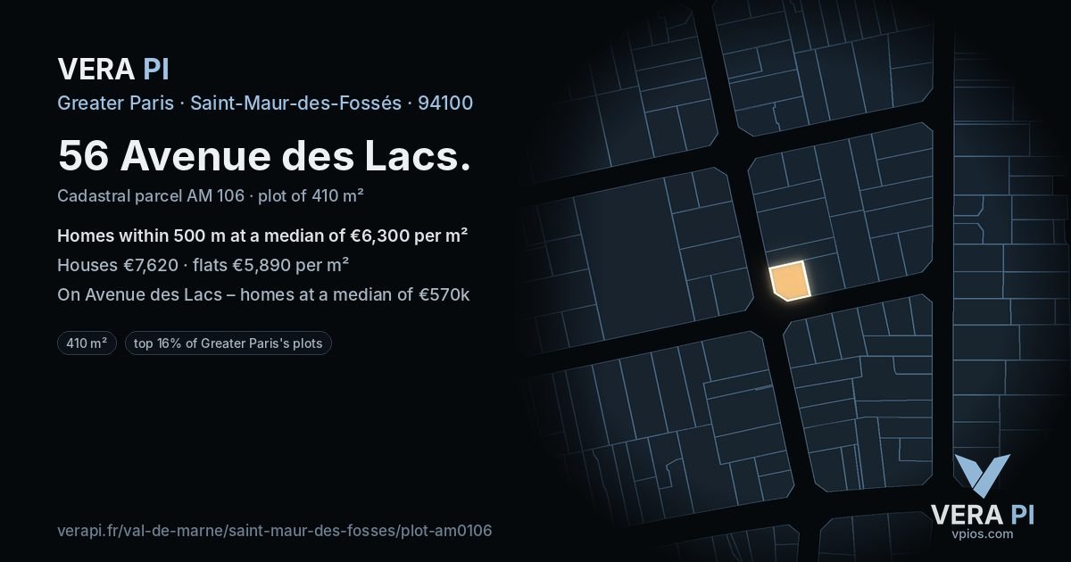 56 Avenue des Lacs, Saint-Maur-des-Fossés at night – the plot lit, the parcels around coloured by the prices near them