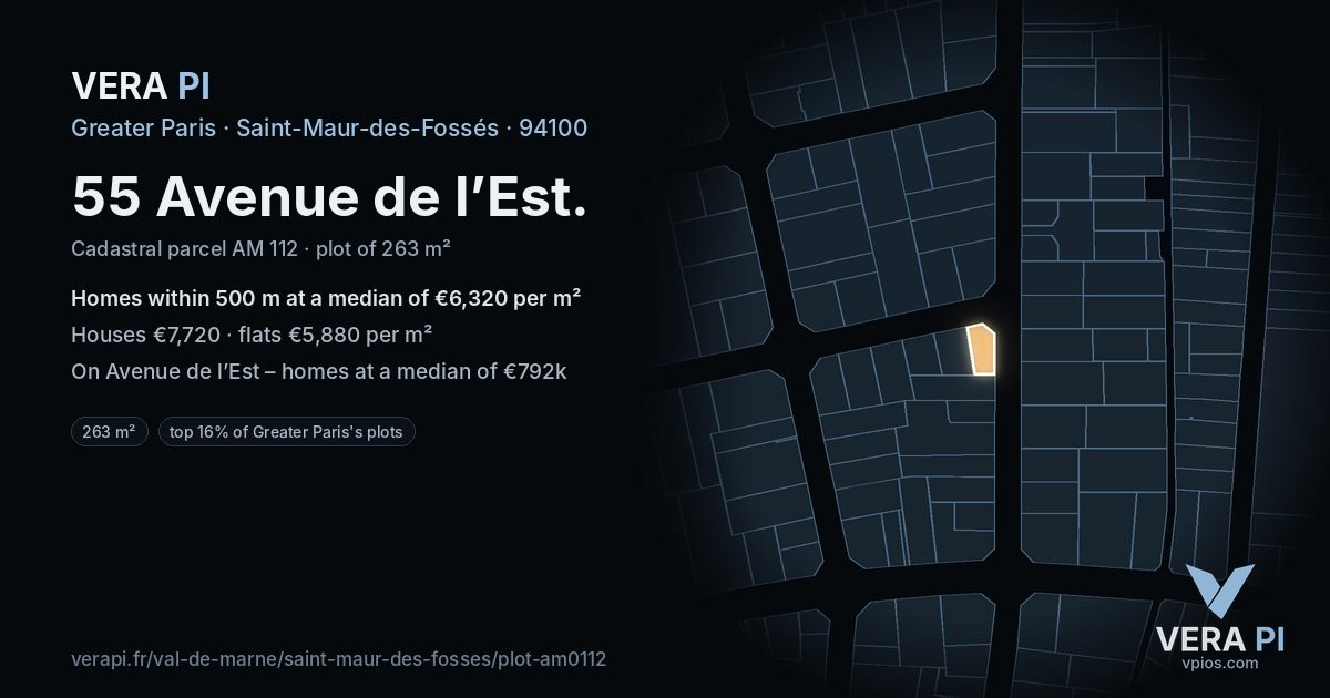 55 Avenue de l’Est, Saint-Maur-des-Fossés at night – the plot lit, the parcels around coloured by the prices near them