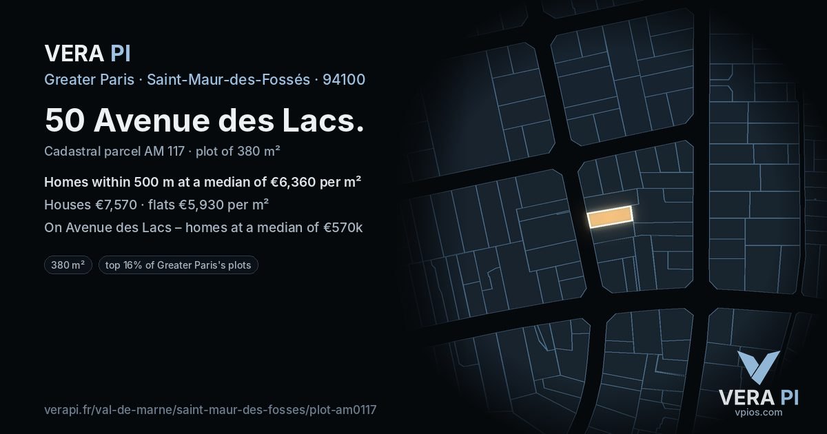 50 Avenue des Lacs, Saint-Maur-des-Fossés at night – the plot lit, the parcels around coloured by the prices near them