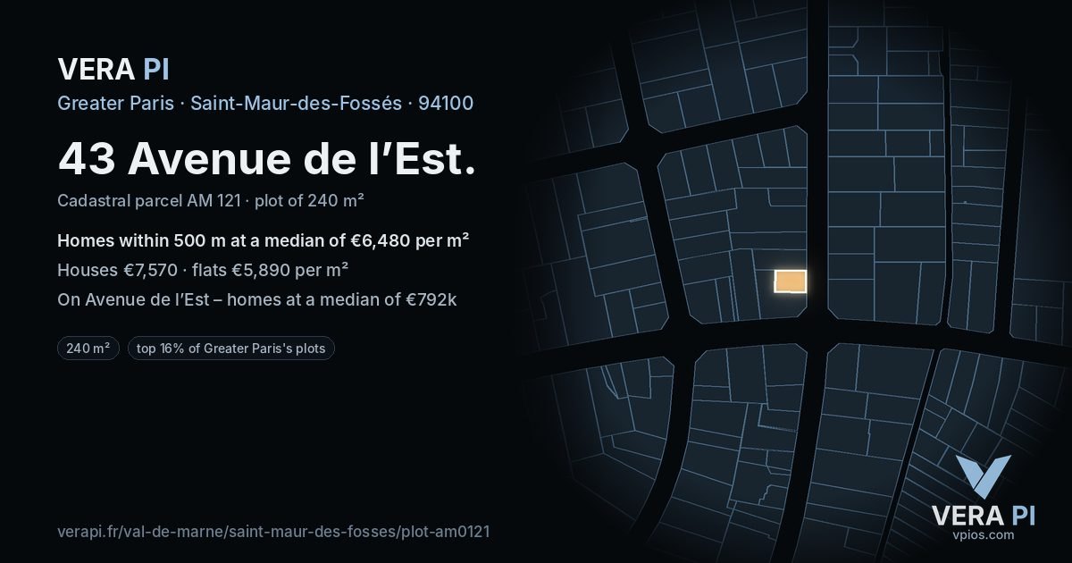 43 Avenue de l’Est, Saint-Maur-des-Fossés at night – the plot lit, the parcels around coloured by the prices near them