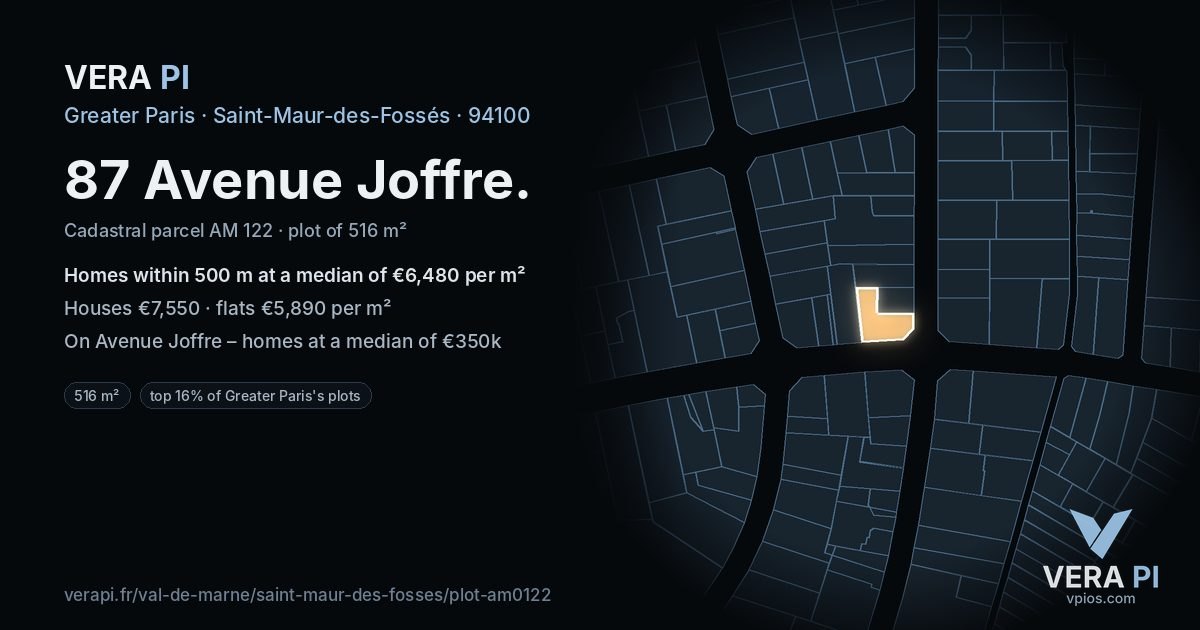 87 Avenue Joffre, Saint-Maur-des-Fossés at night – the plot lit, the parcels around coloured by the prices near them