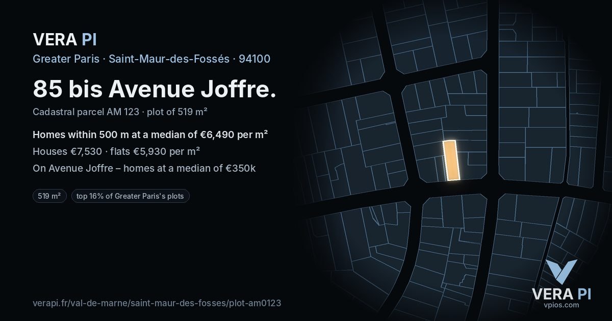 85 bis Avenue Joffre, Saint-Maur-des-Fossés at night – the plot lit, the parcels around coloured by the prices near them