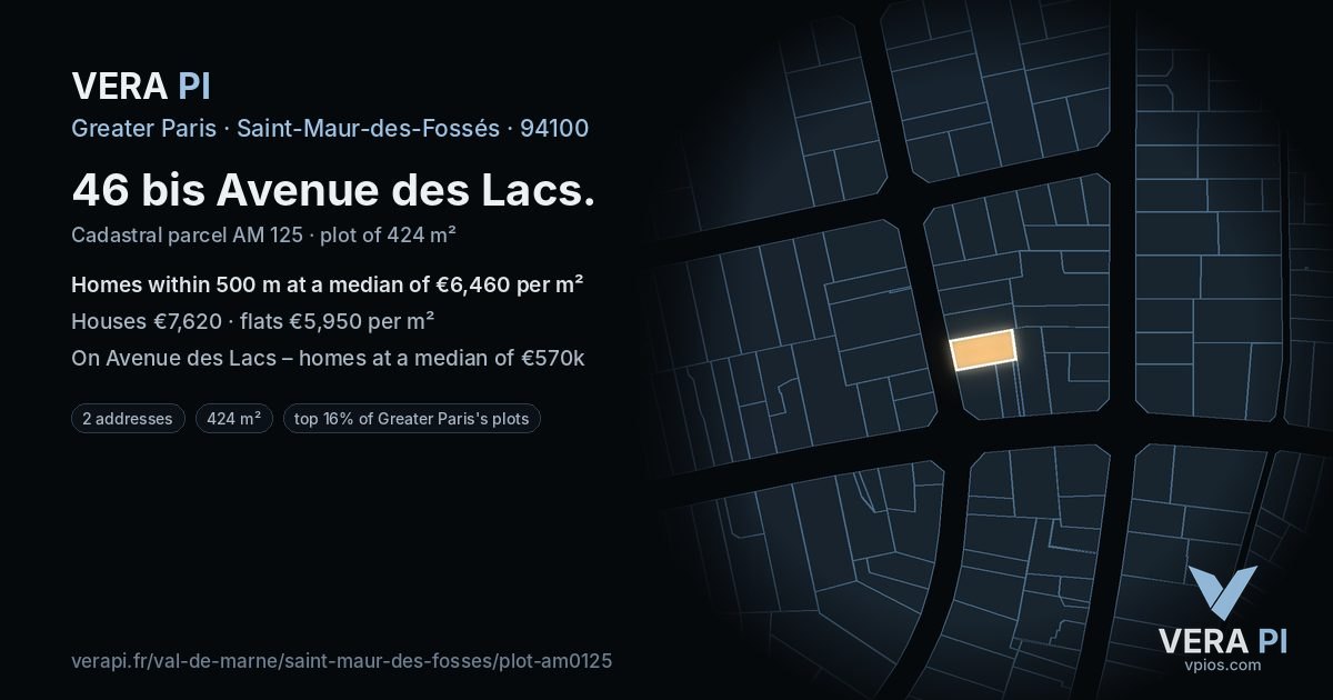 46 bis Avenue des Lacs, Saint-Maur-des-Fossés at night – the plot lit, the parcels around coloured by the prices near them