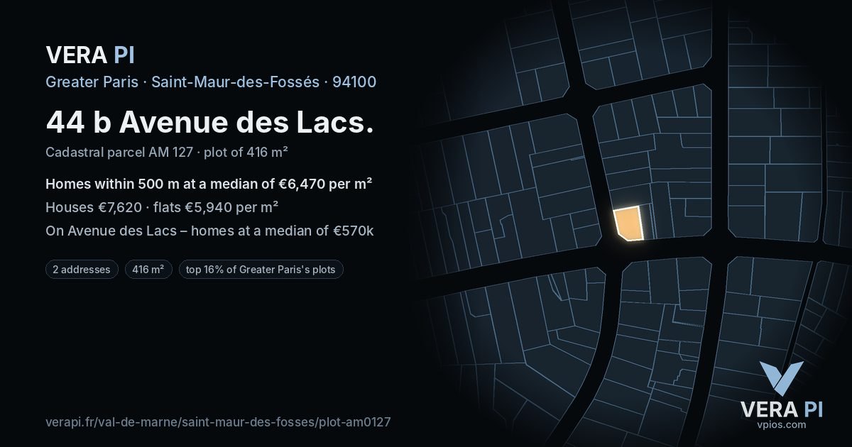 44 b Avenue des Lacs, Saint-Maur-des-Fossés at night – the plot lit, the parcels around coloured by the prices near them