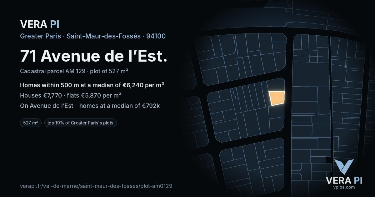 71 Avenue de l’Est, Saint-Maur-des-Fossés at night – the plot lit, the parcels around coloured by the prices near them