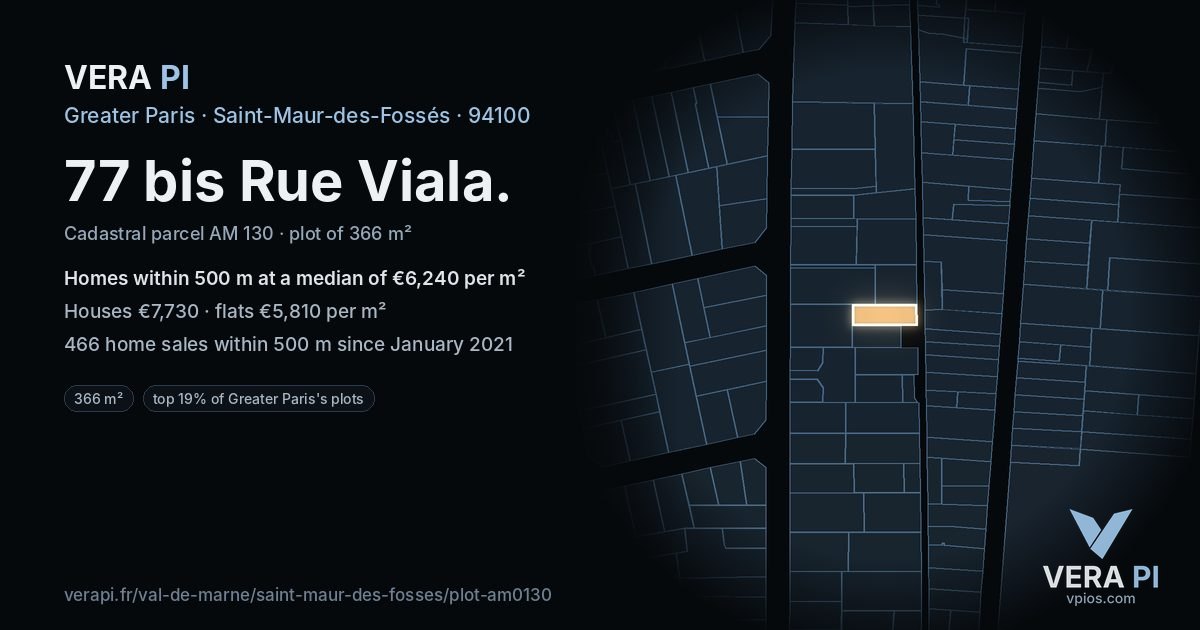 77 bis Rue Viala, Saint-Maur-des-Fossés at night – the plot lit, the parcels around coloured by the prices near them