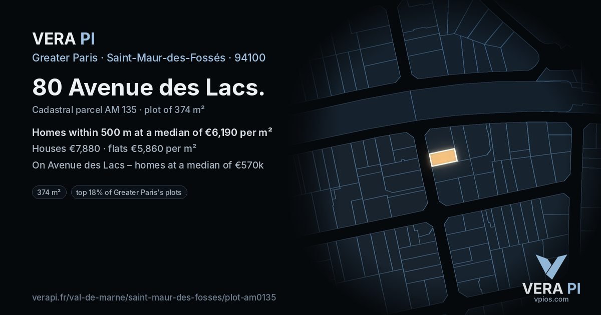 80 Avenue des Lacs, Saint-Maur-des-Fossés at night – the plot lit, the parcels around coloured by the prices near them