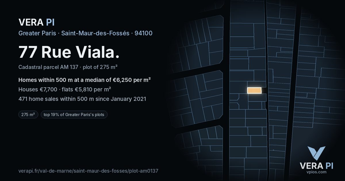 77 Rue Viala, Saint-Maur-des-Fossés at night – the plot lit, the parcels around coloured by the prices near them