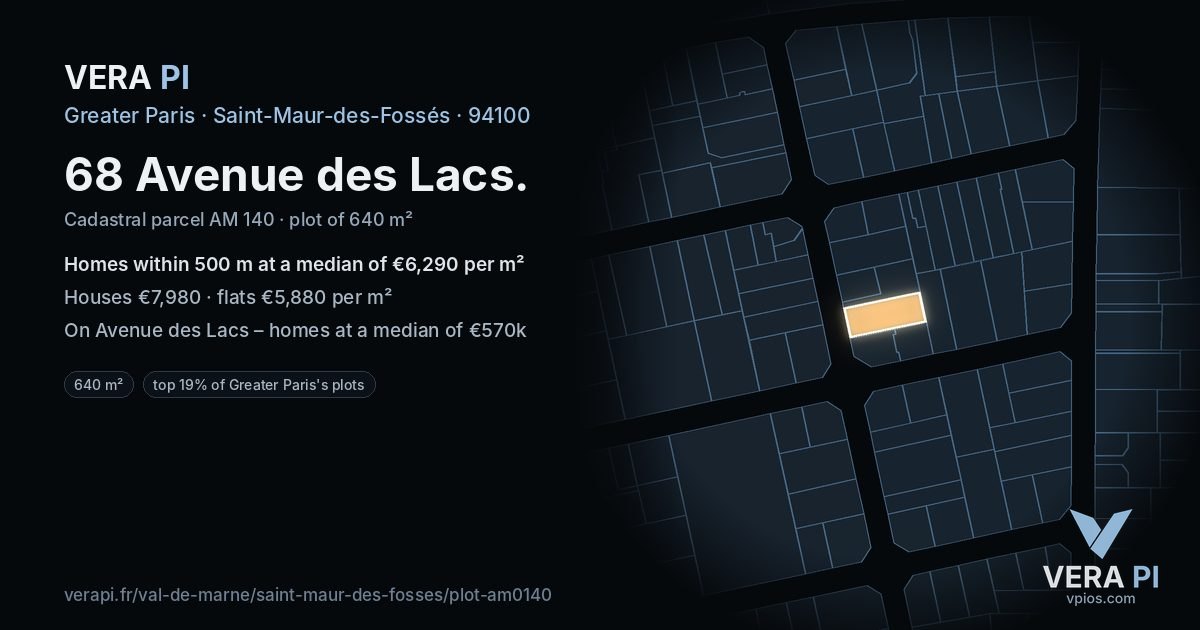68 Avenue des Lacs, Saint-Maur-des-Fossés at night – the plot lit, the parcels around coloured by the prices near them
