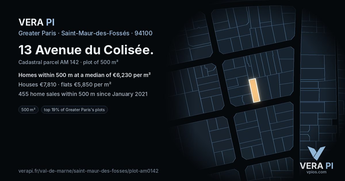 13 Avenue du Colisée, Saint-Maur-des-Fossés at night – the plot lit, the parcels around coloured by the prices near them