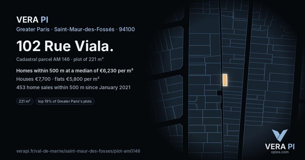 102 Rue Viala, Saint-Maur-des-Fossés at night – the plot lit, the parcels around coloured by the prices near them