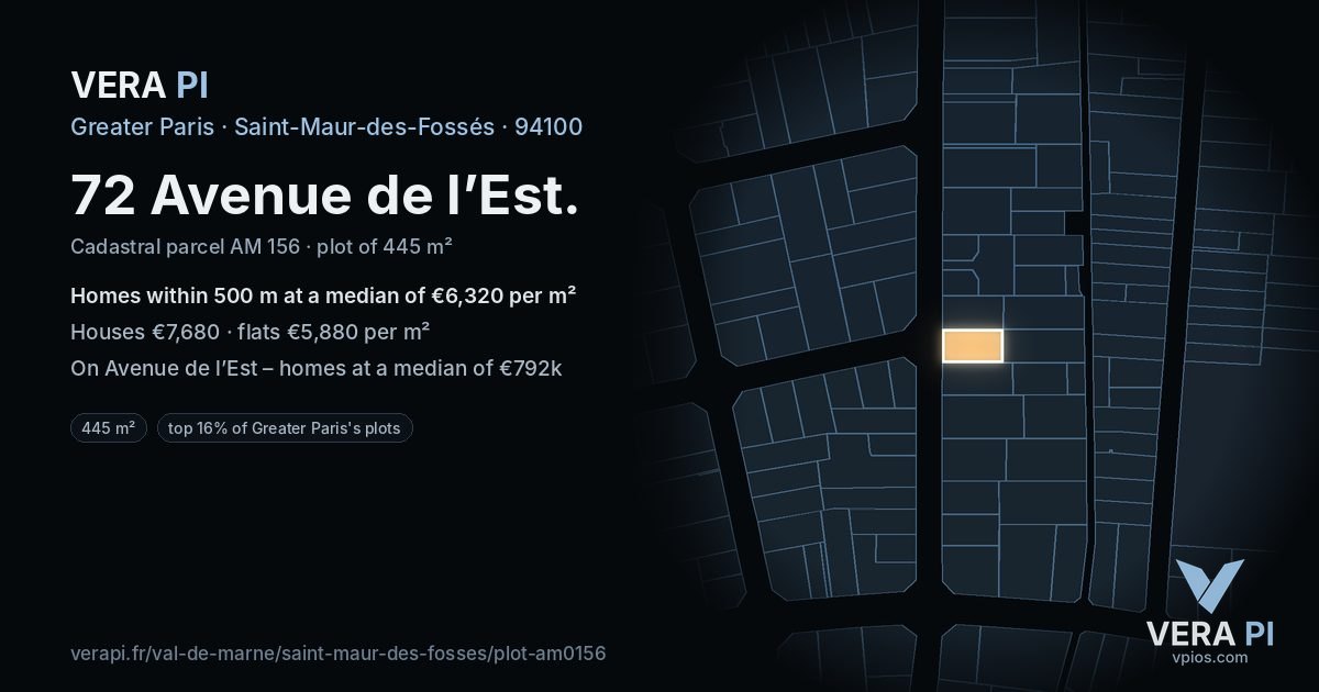 72 Avenue de l’Est, Saint-Maur-des-Fossés at night – the plot lit, the parcels around coloured by the prices near them