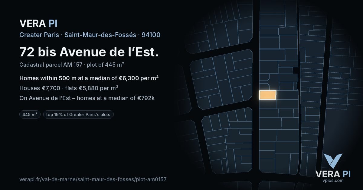 72 bis Avenue de l’Est, Saint-Maur-des-Fossés at night – the plot lit, the parcels around coloured by the prices near them