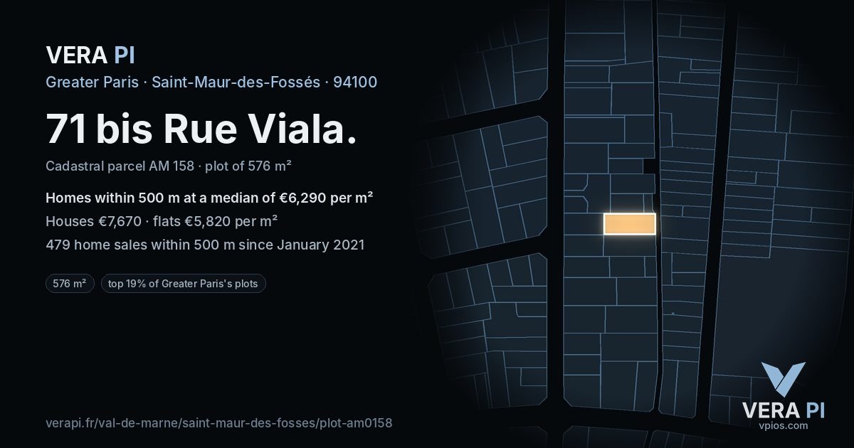 71 bis Rue Viala, Saint-Maur-des-Fossés at night – the plot lit, the parcels around coloured by the prices near them