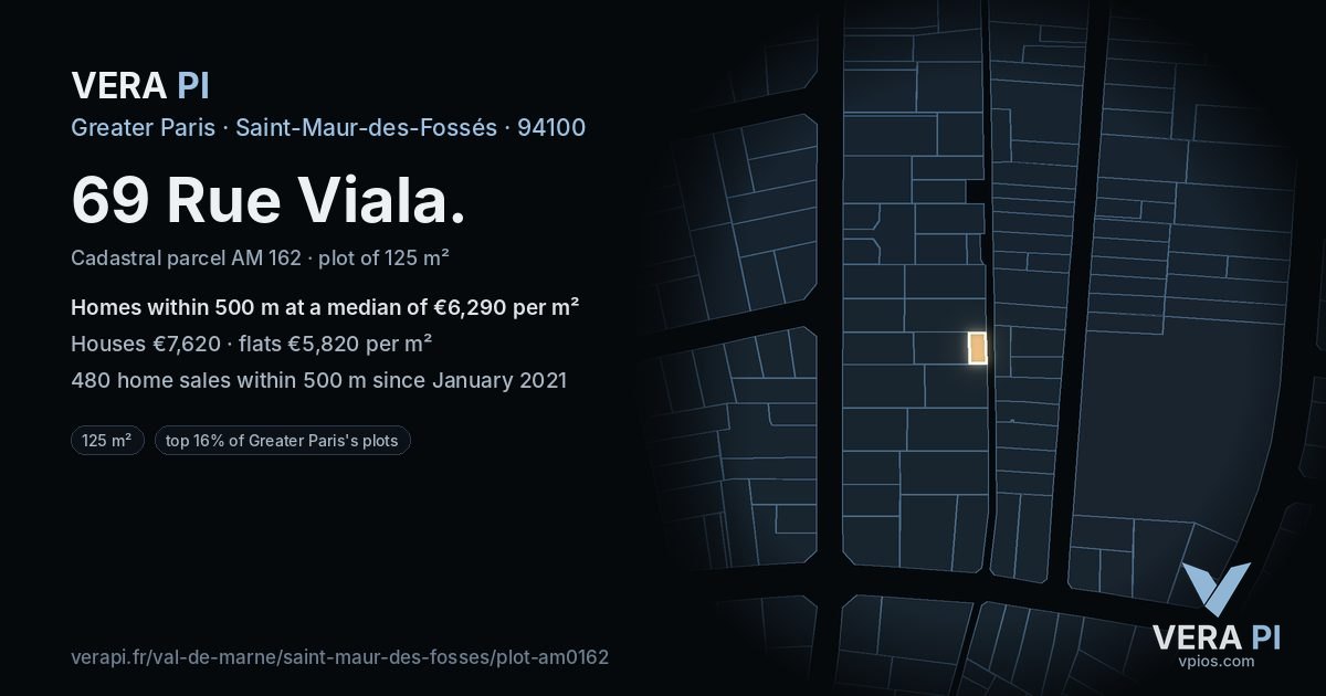 69 Rue Viala, Saint-Maur-des-Fossés at night – the plot lit, the parcels around coloured by the prices near them