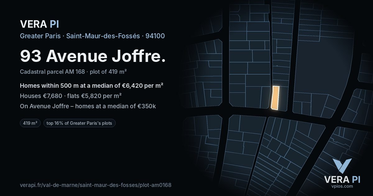 93 Avenue Joffre, Saint-Maur-des-Fossés at night – the plot lit, the parcels around coloured by the prices near them