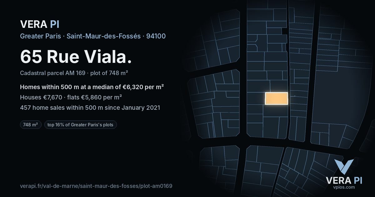65 Rue Viala, Saint-Maur-des-Fossés at night – the plot lit, the parcels around coloured by the prices near them