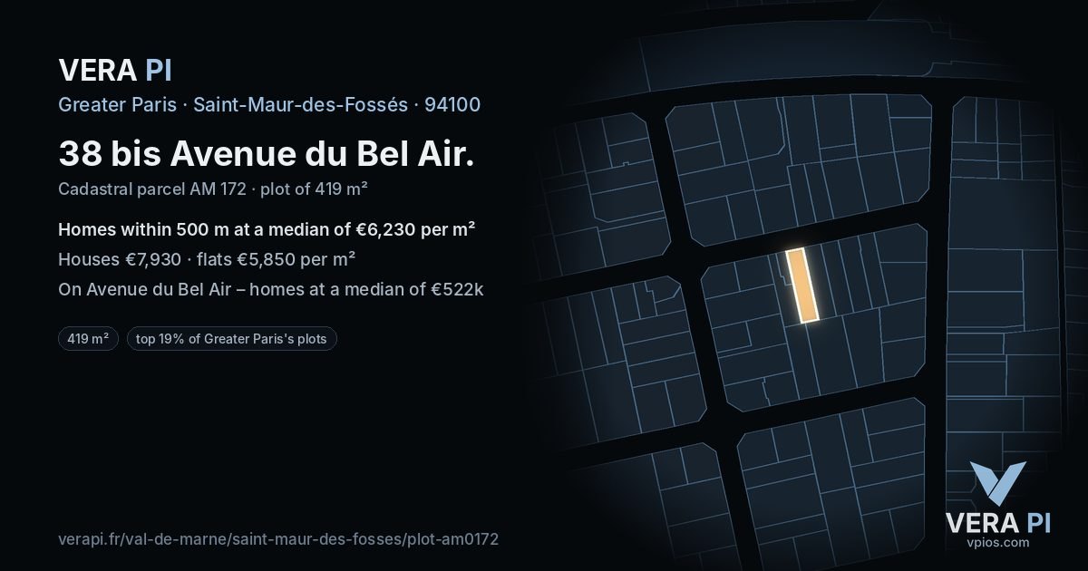 38 bis Avenue du Bel Air, Saint-Maur-des-Fossés at night – the plot lit, the parcels around coloured by the prices near them