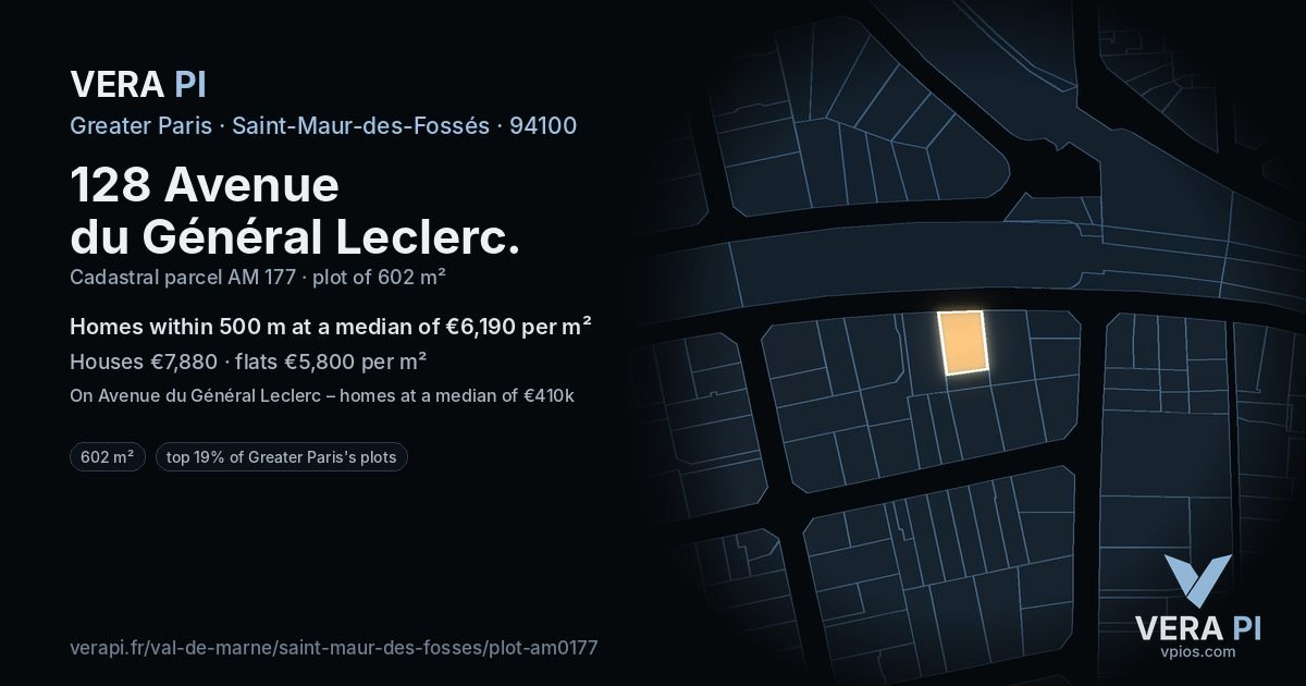 128 Avenue du Général Leclerc, Saint-Maur-des-Fossés at night – the plot lit, the parcels around coloured by the prices near them