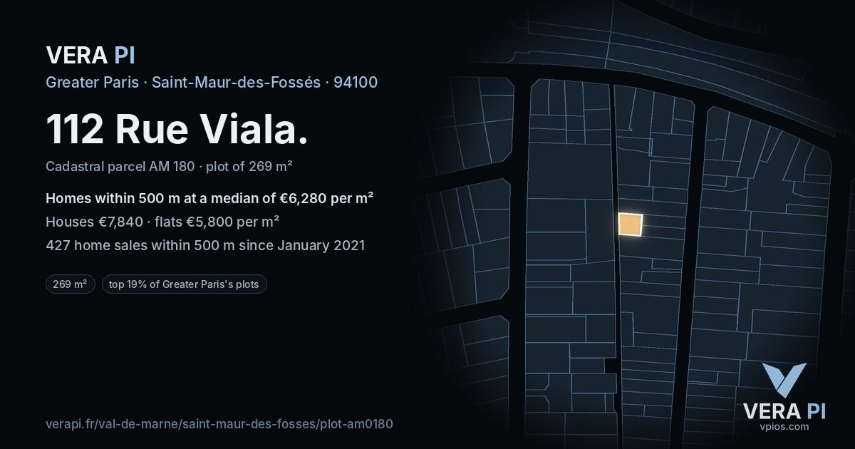 112 Rue Viala, Saint-Maur-des-Fossés at night – the plot lit, the parcels around coloured by the prices near them