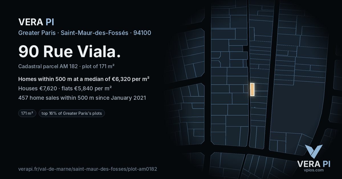 90 Rue Viala, Saint-Maur-des-Fossés at night – the plot lit, the parcels around coloured by the prices near them