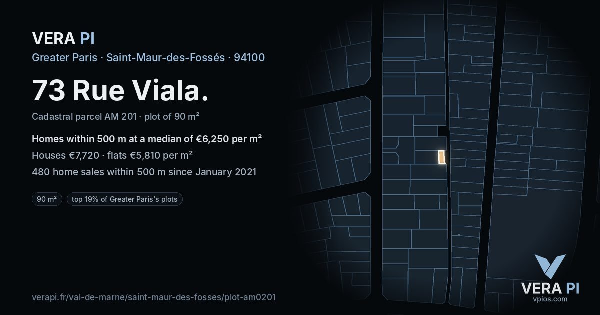 73 Rue Viala, Saint-Maur-des-Fossés at night – the plot lit, the parcels around coloured by the prices near them