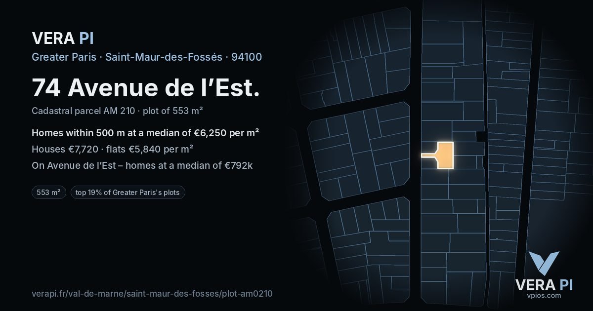 74 Avenue de l’Est, Saint-Maur-des-Fossés at night – the plot lit, the parcels around coloured by the prices near them