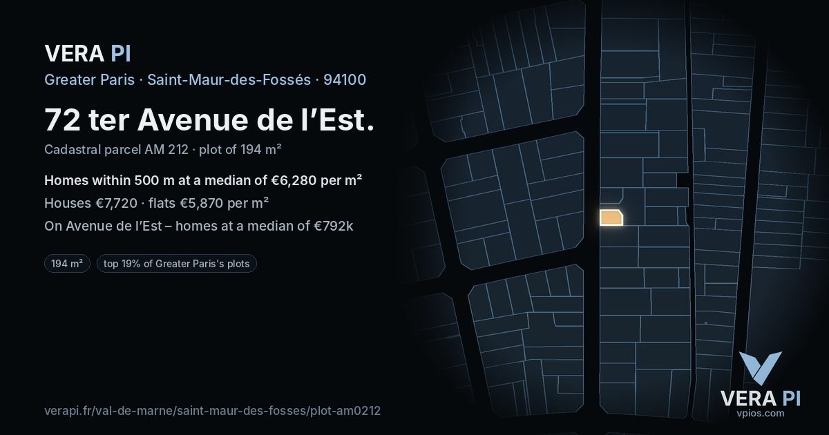 72 ter Avenue de l’Est, Saint-Maur-des-Fossés at night – the plot lit, the parcels around coloured by the prices near them