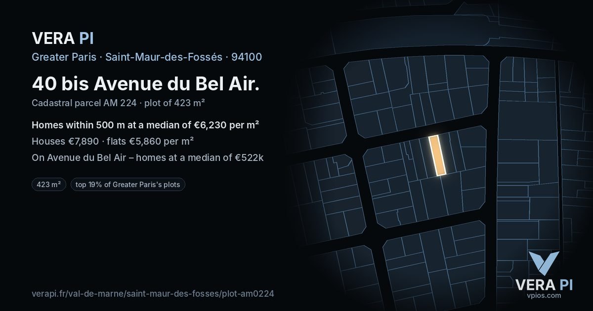 40 bis Avenue du Bel Air, Saint-Maur-des-Fossés at night – the plot lit, the parcels around coloured by the prices near them