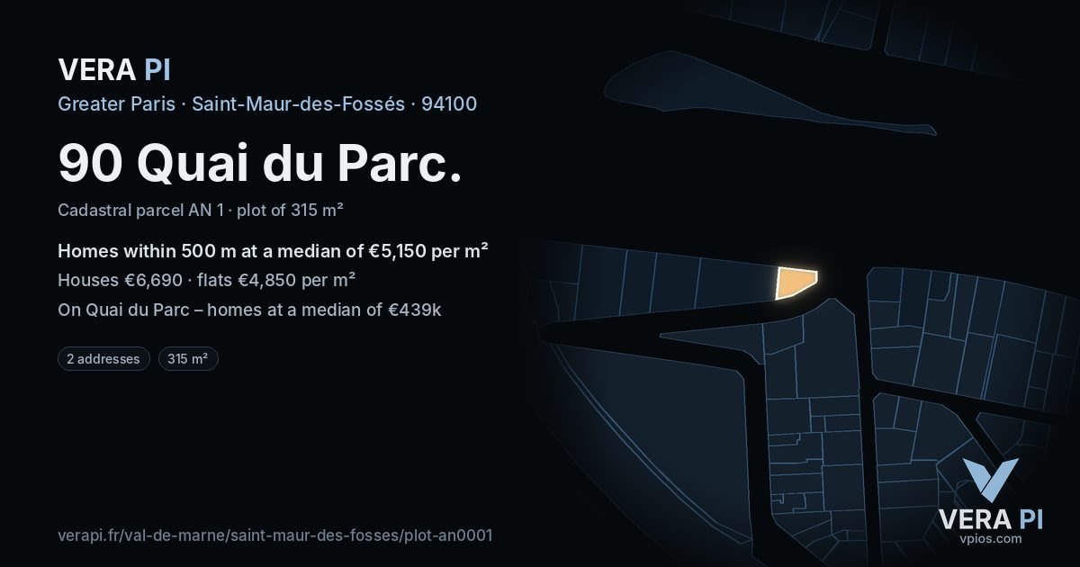90 Quai du Parc, Saint-Maur-des-Fossés at night – the plot lit, the parcels around coloured by the prices near them