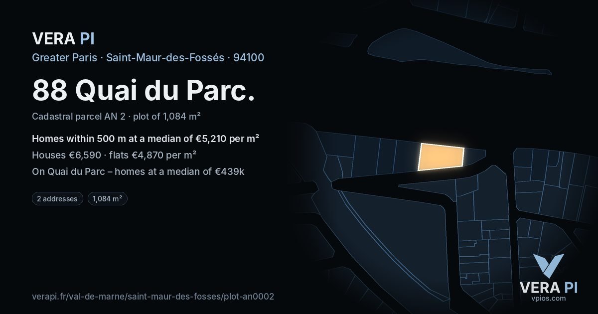 88 Quai du Parc, Saint-Maur-des-Fossés at night – the plot lit, the parcels around coloured by the prices near them