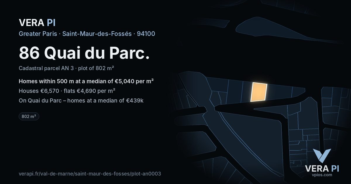 86 Quai du Parc, Saint-Maur-des-Fossés at night – the plot lit, the parcels around coloured by the prices near them