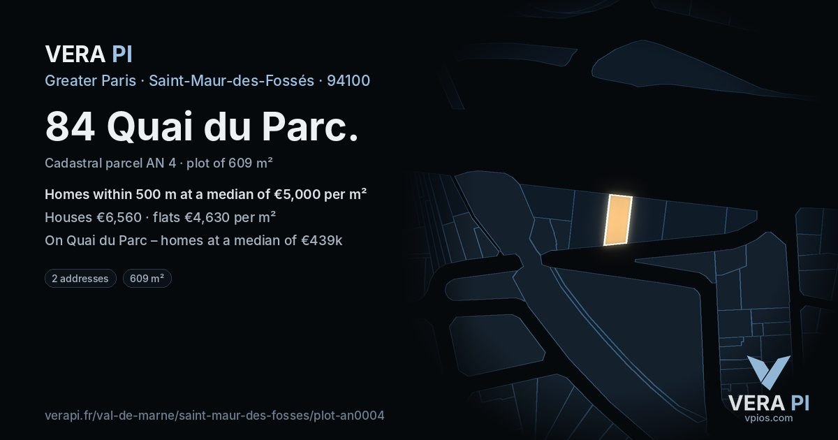 84 Quai du Parc, Saint-Maur-des-Fossés at night – the plot lit, the parcels around coloured by the prices near them