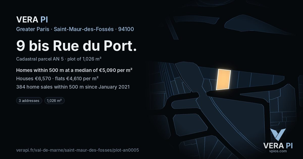 9 bis Rue du Port, Saint-Maur-des-Fossés at night – the plot lit, the parcels around coloured by the prices near them