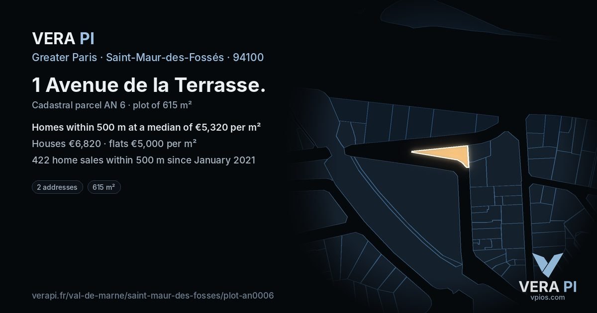 1 Avenue de la Terrasse, Saint-Maur-des-Fossés at night – the plot lit, the parcels around coloured by the prices near them
