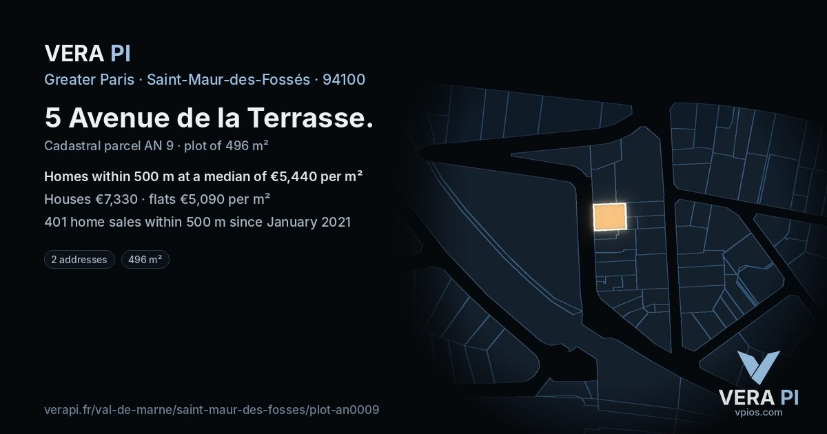 5 Avenue de la Terrasse, Saint-Maur-des-Fossés at night – the plot lit, the parcels around coloured by the prices near them