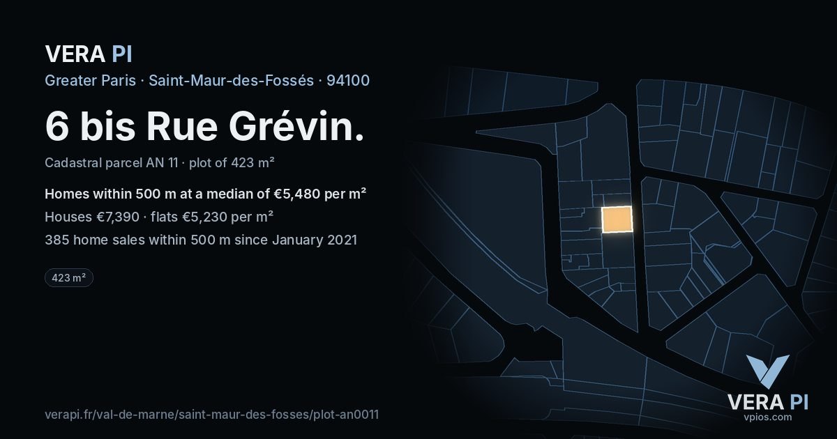 6 bis Rue Grévin, Saint-Maur-des-Fossés at night – the plot lit, the parcels around coloured by the prices near them