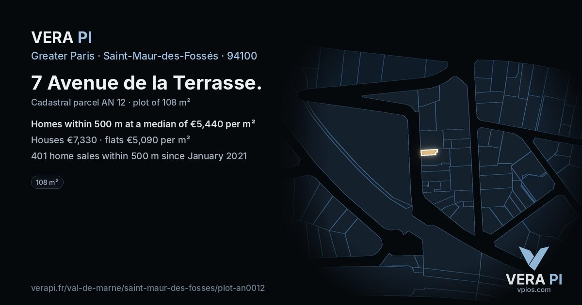 7 Avenue de la Terrasse, Saint-Maur-des-Fossés at night – the plot lit, the parcels around coloured by the prices near them