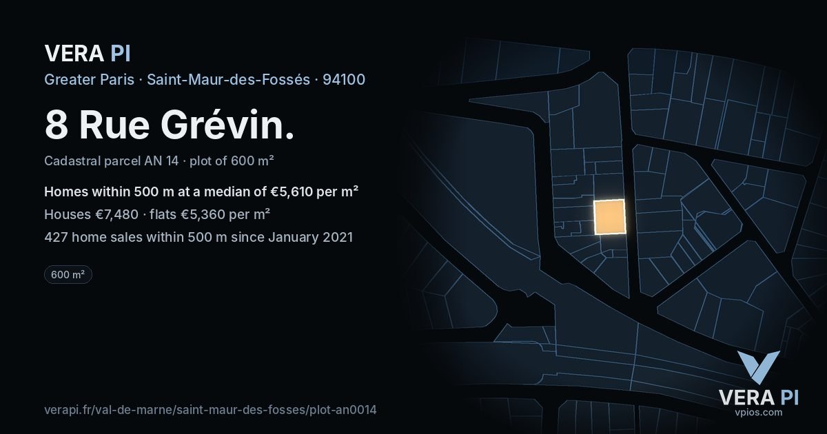 8 Rue Grévin, Saint-Maur-des-Fossés at night – the plot lit, the parcels around coloured by the prices near them