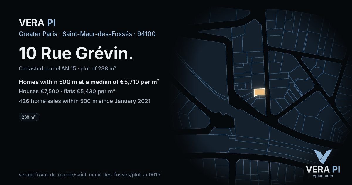 10 Rue Grévin, Saint-Maur-des-Fossés at night – the plot lit, the parcels around coloured by the prices near them