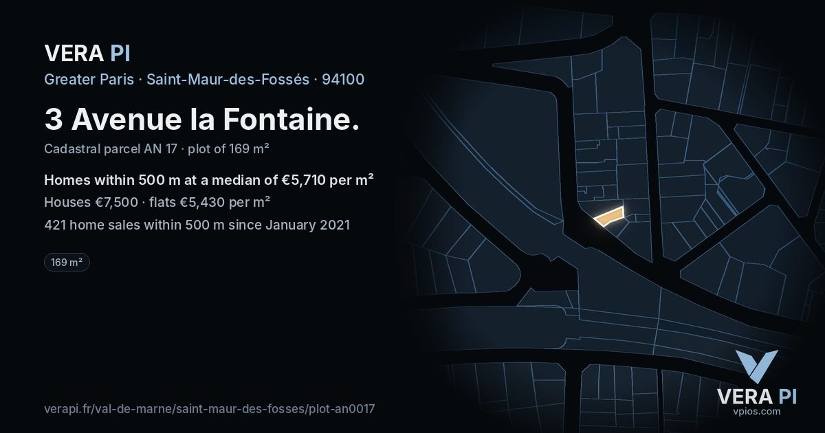 3 Avenue la Fontaine, Saint-Maur-des-Fossés at night – the plot lit, the parcels around coloured by the prices near them