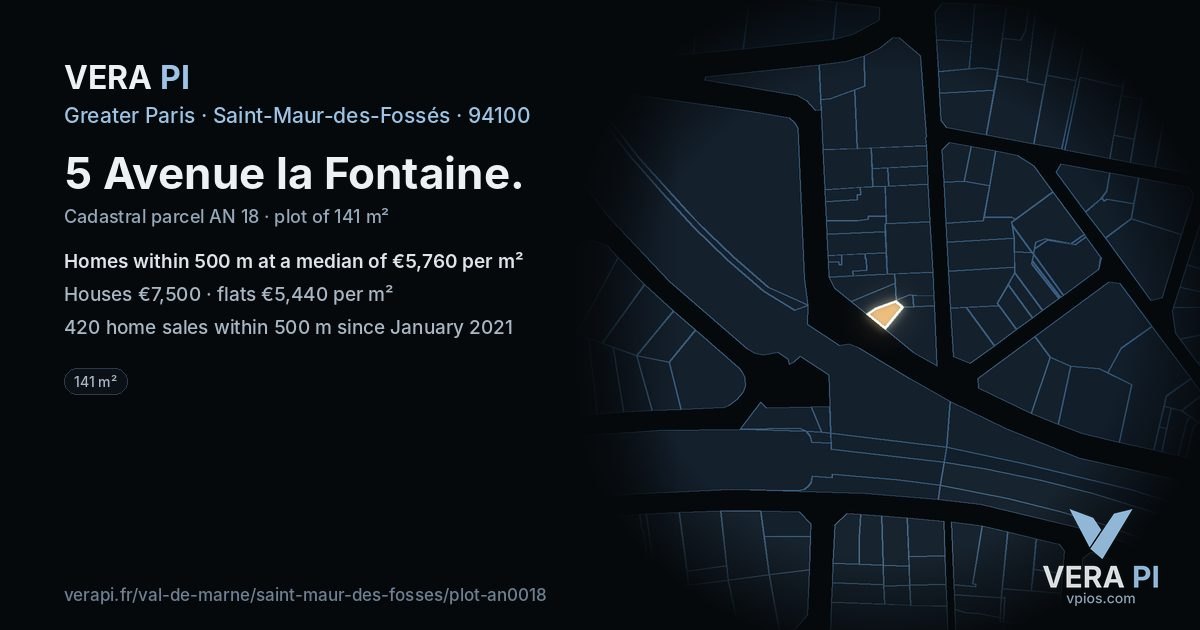 5 Avenue la Fontaine, Saint-Maur-des-Fossés at night – the plot lit, the parcels around coloured by the prices near them