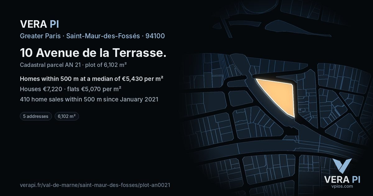 10 Avenue de la Terrasse, Saint-Maur-des-Fossés at night – the plot lit, the parcels around coloured by the prices near them
