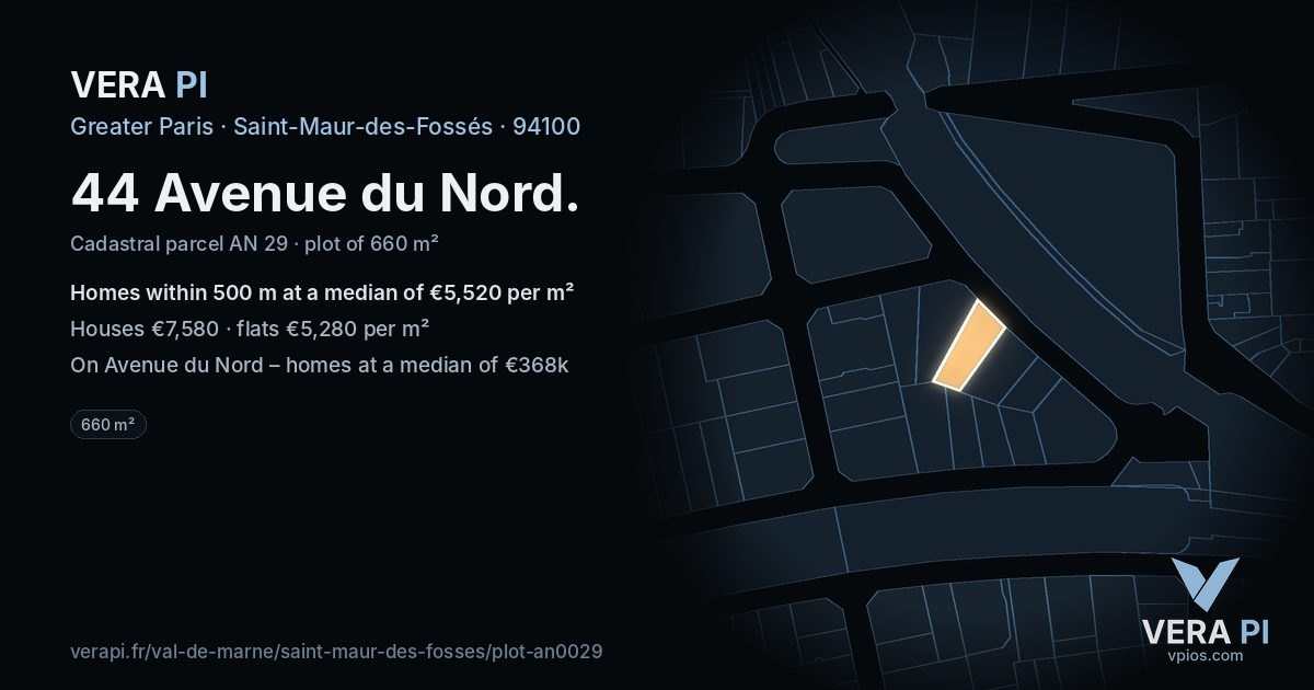 44 Avenue du Nord, Saint-Maur-des-Fossés at night – the plot lit, the parcels around coloured by the prices near them