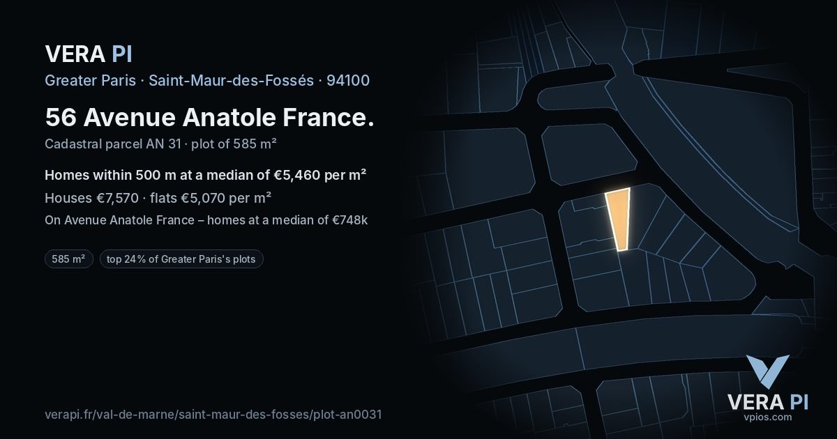 56 Avenue Anatole France, Saint-Maur-des-Fossés at night – the plot lit, the parcels around coloured by the prices near them
